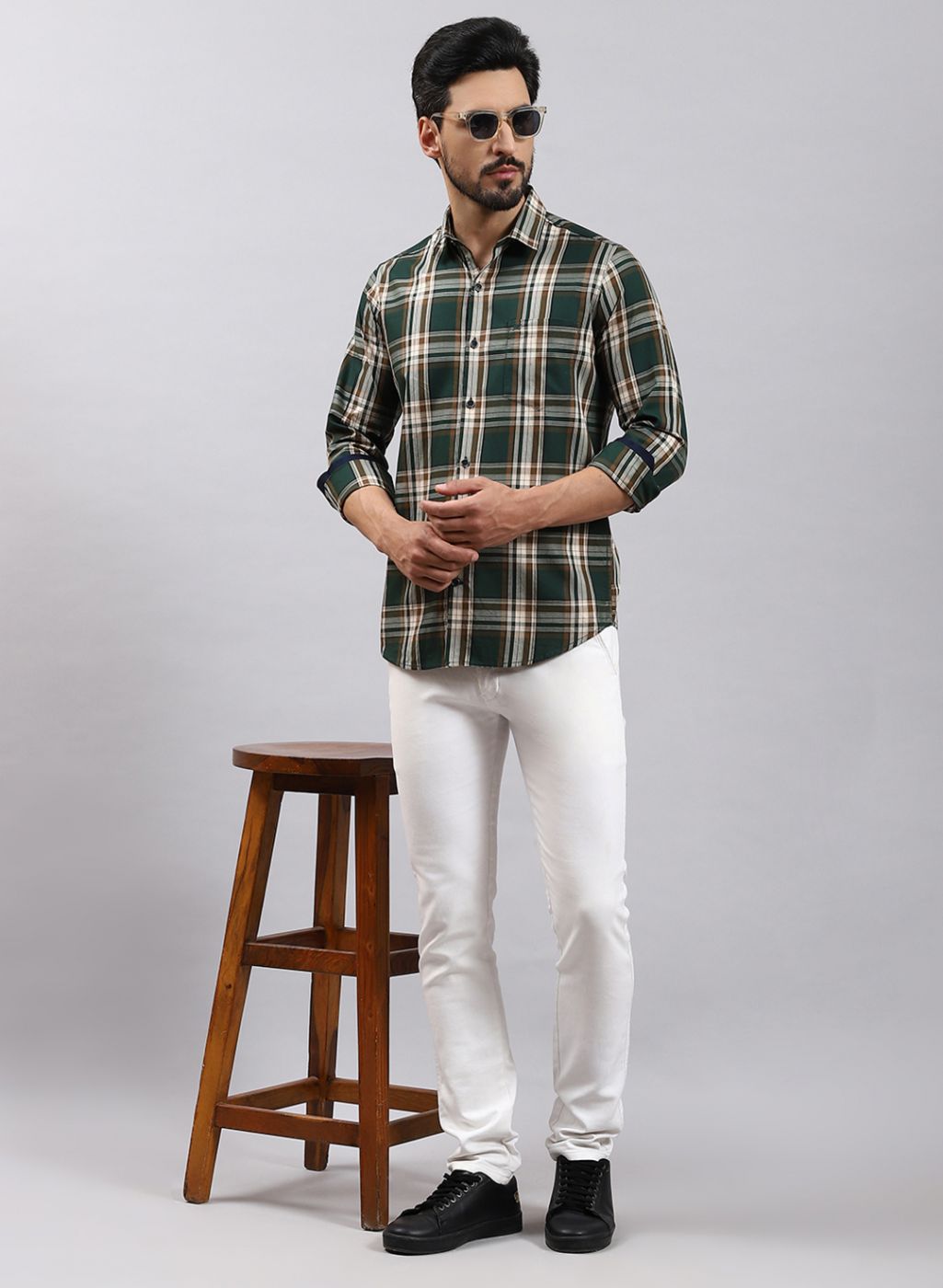 Men Green Check Pure Cotton Shirt