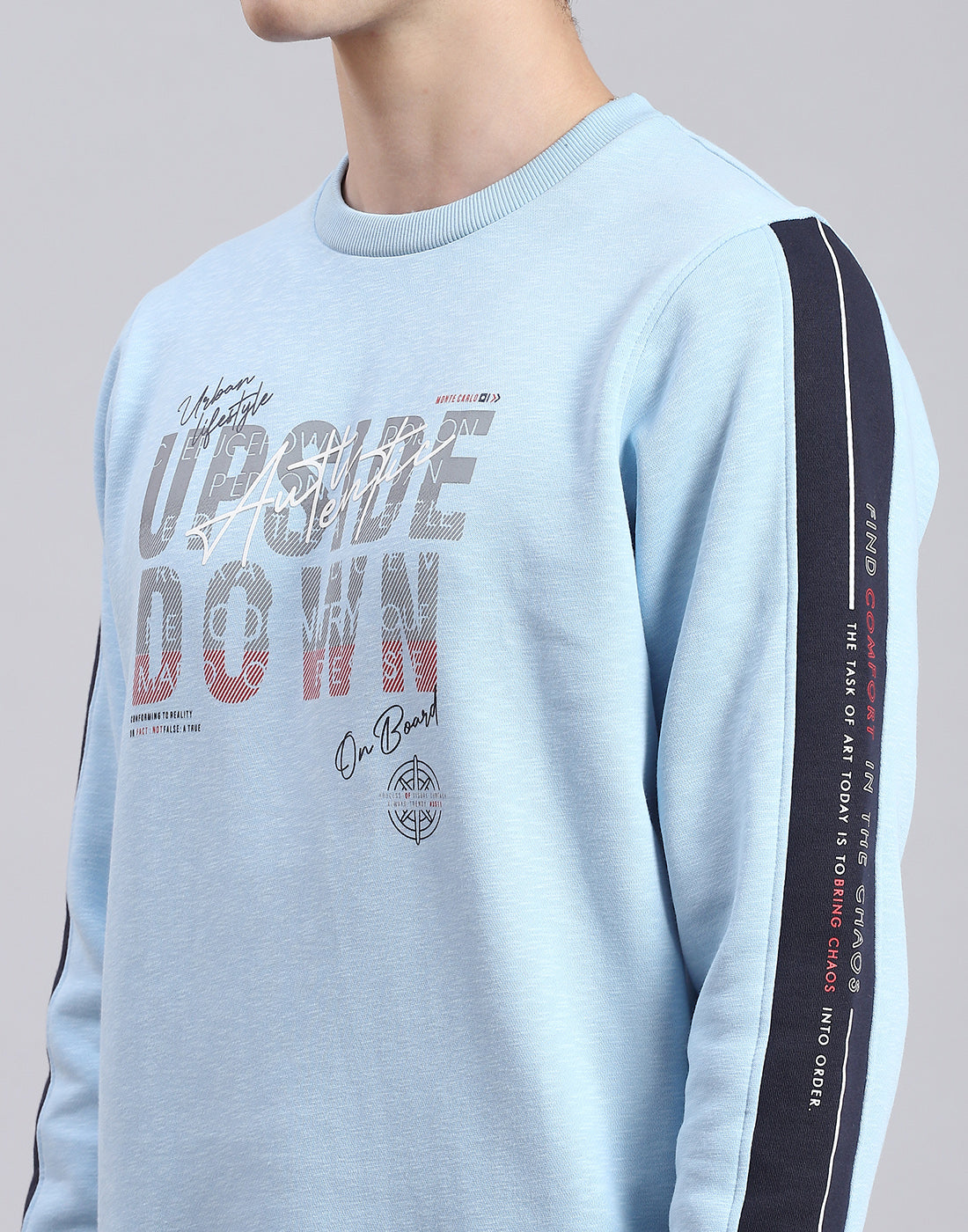 Men Blue Printed Round Neck Full Sleeve Sweatshirt