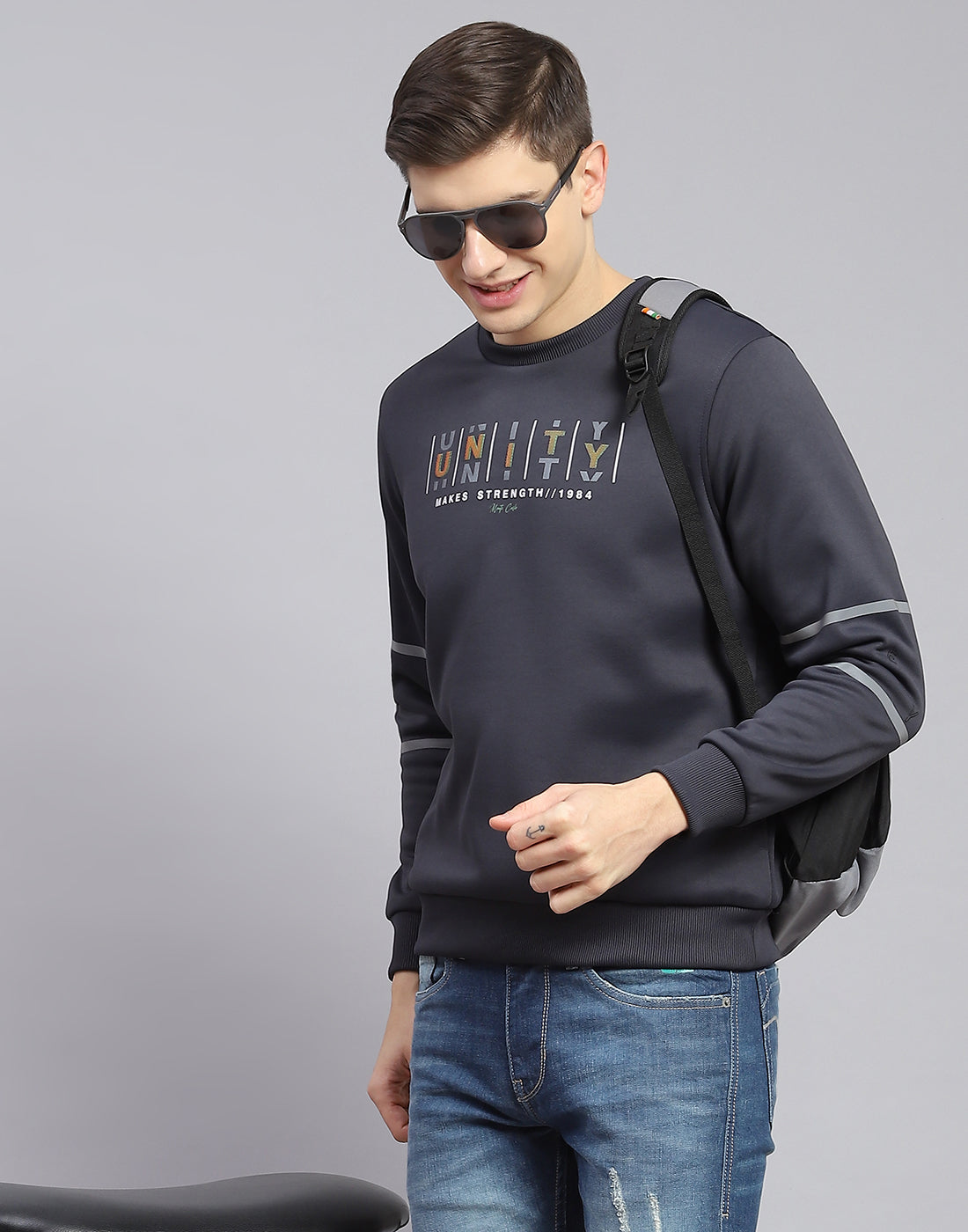 Men Grey Printed Round Neck Full Sleeve Sweatshirt