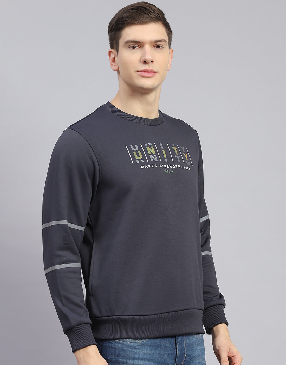 Men Grey Printed Round Neck Full Sleeve Sweatshirt