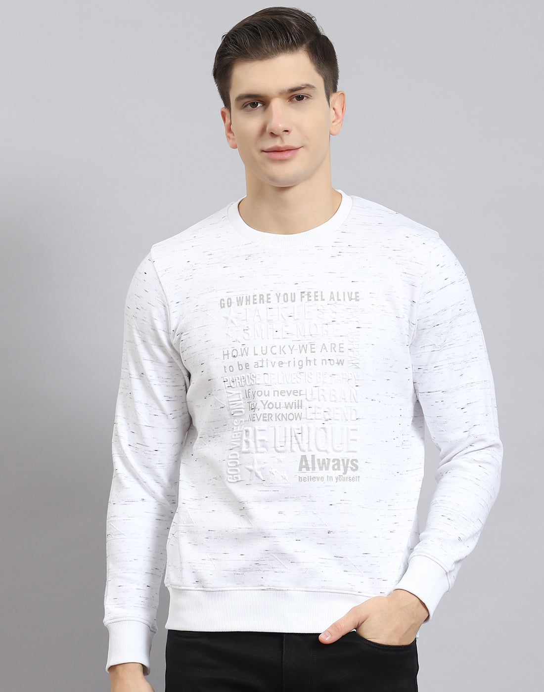 Men Off White Printed Round Neck Full Sleeve Sweatshirt