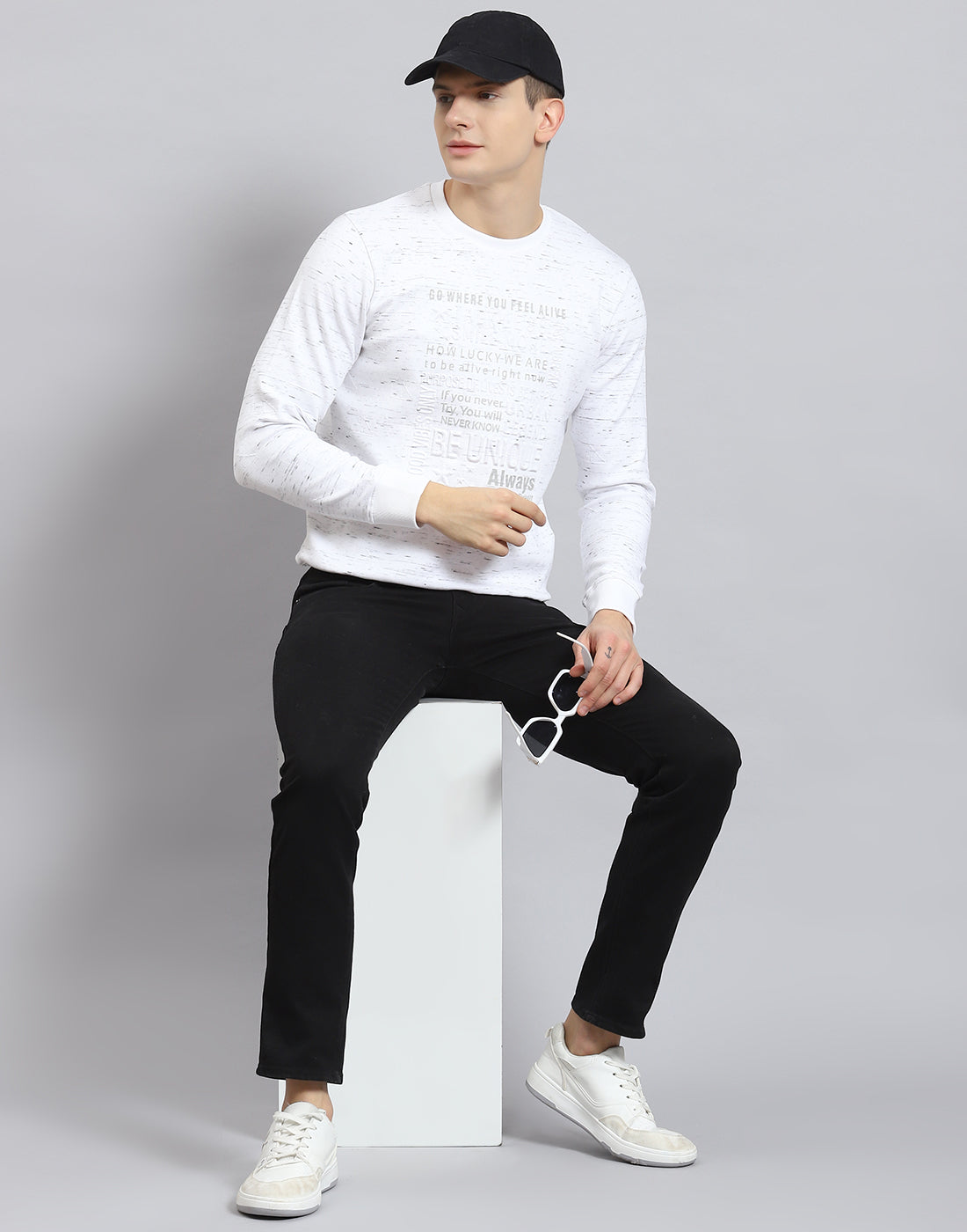 Men Off White Printed Round Neck Full Sleeve Sweatshirt