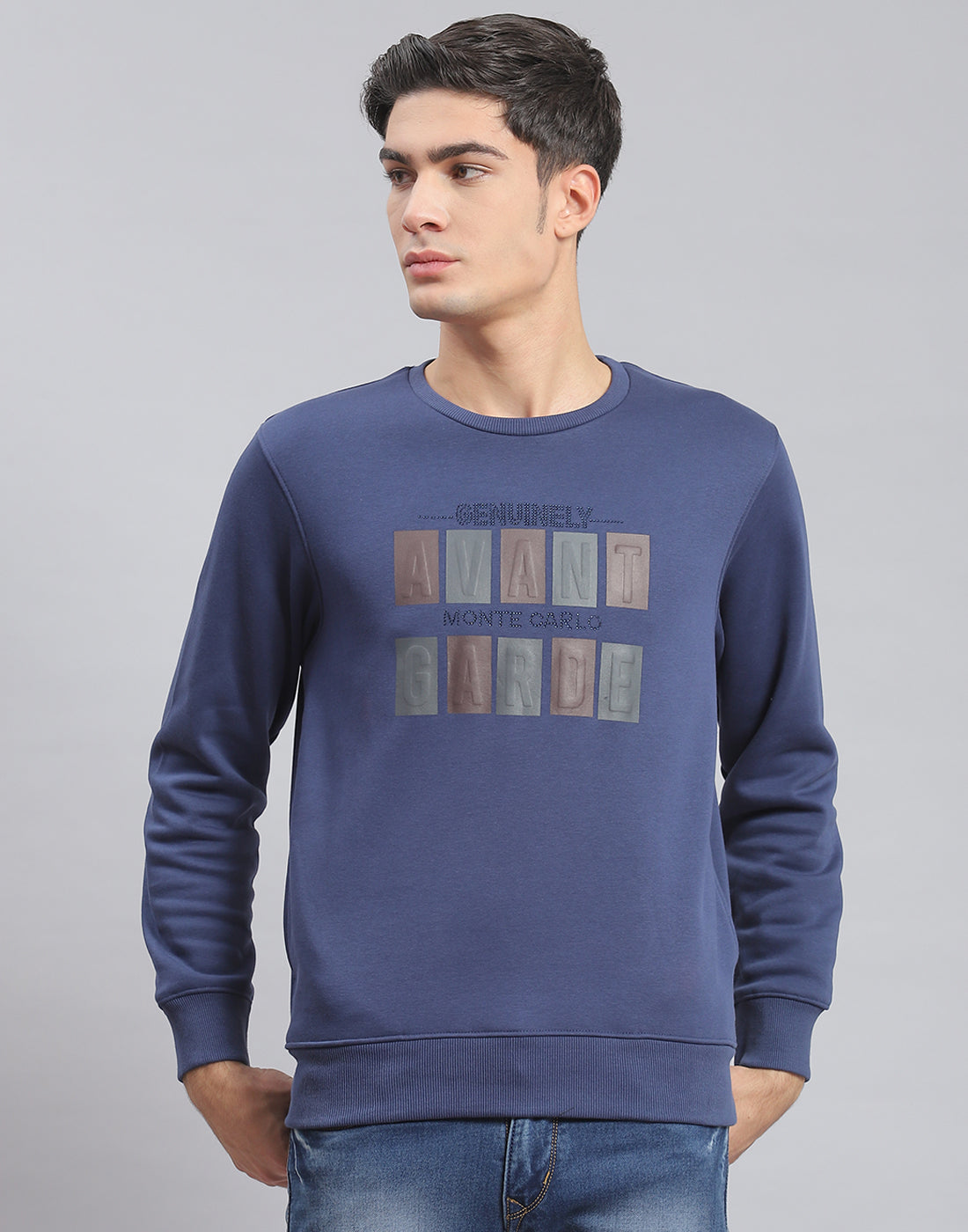 Men Blue Printed Round Neck Full Sleeve Sweatshirt
