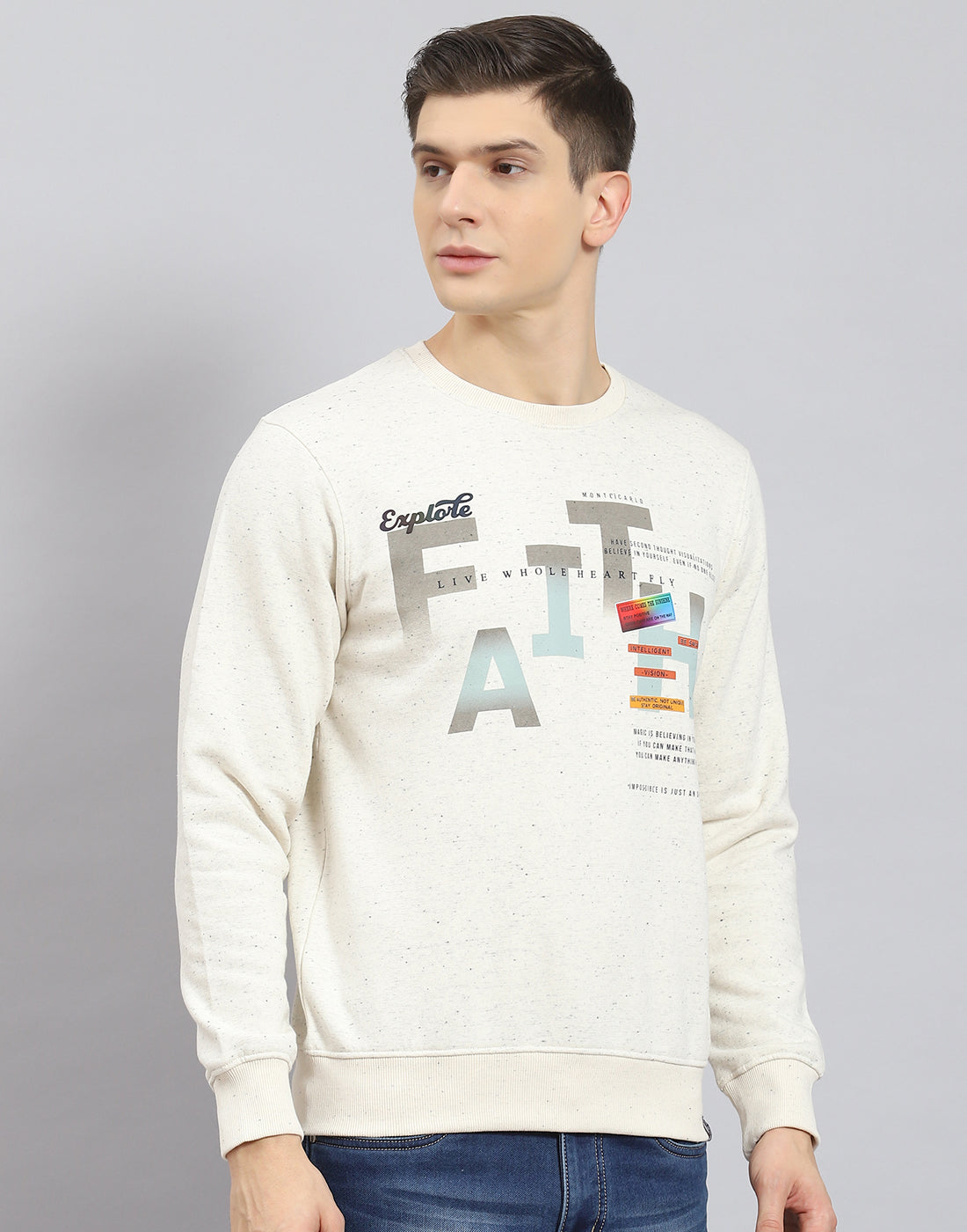 Men Beige Printed Round Neck Full Sleeve Sweatshirt