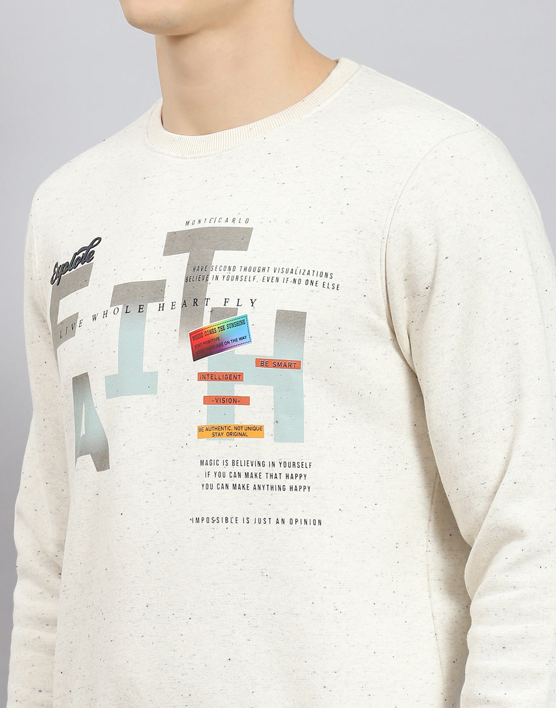 Men Beige Printed Round Neck Full Sleeve Sweatshirt