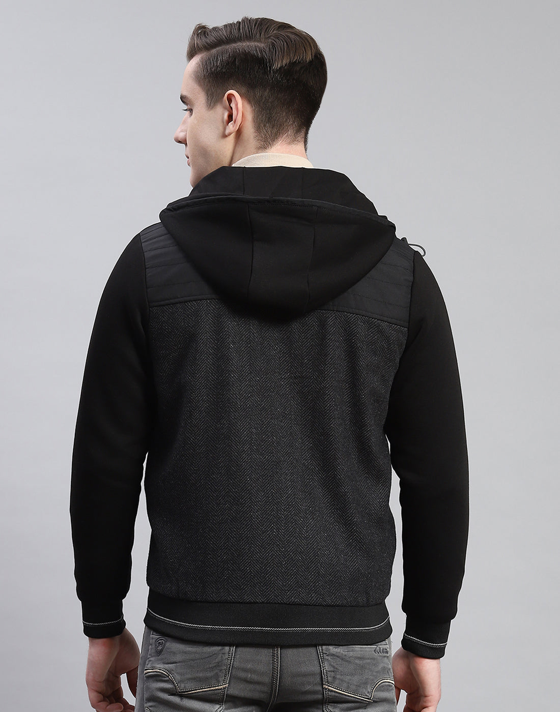 Men Black Hooded Jacket with Attached Inflatable Neck Pillow