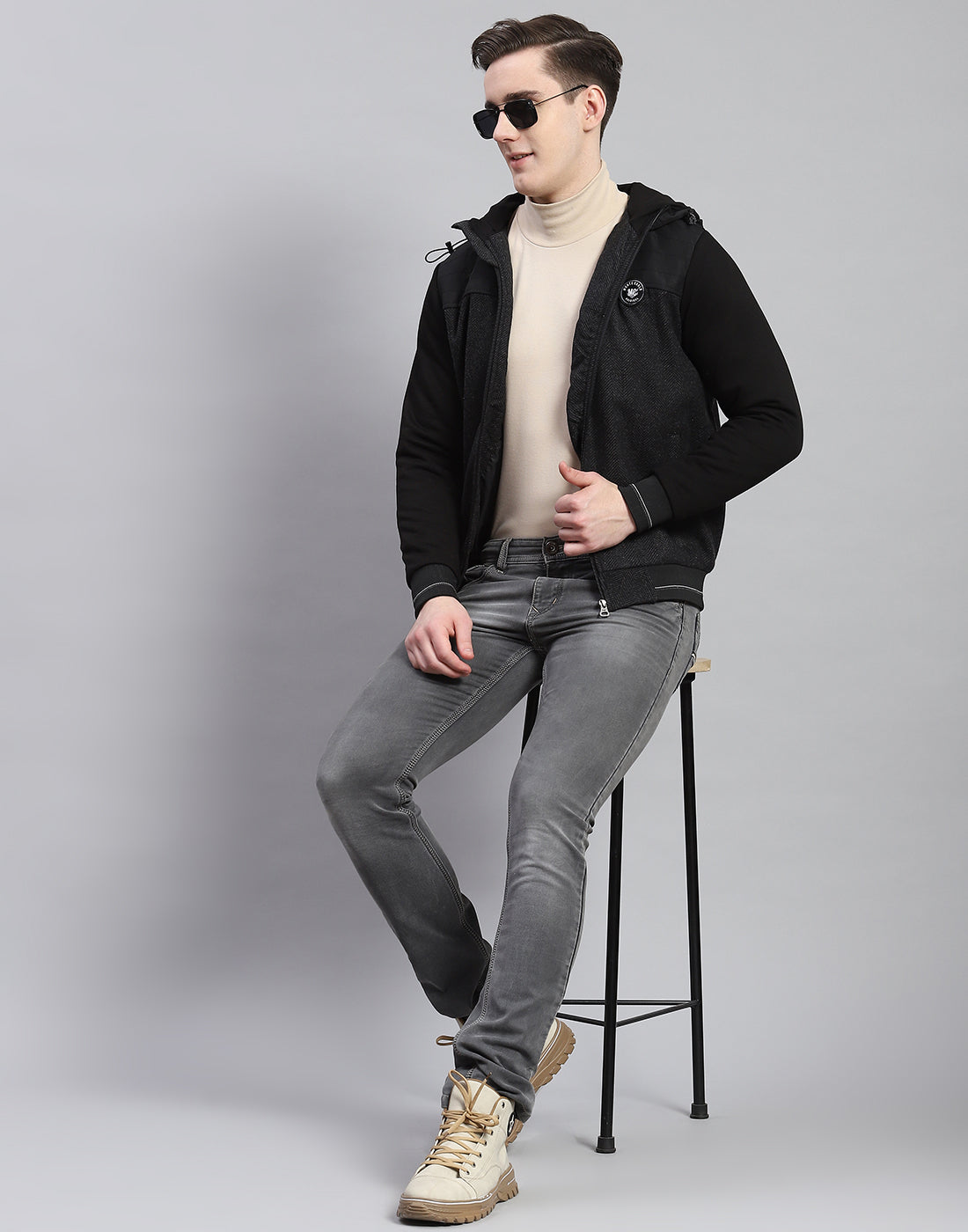 Men Black Hooded Jacket with Attached Inflatable Neck Pillow