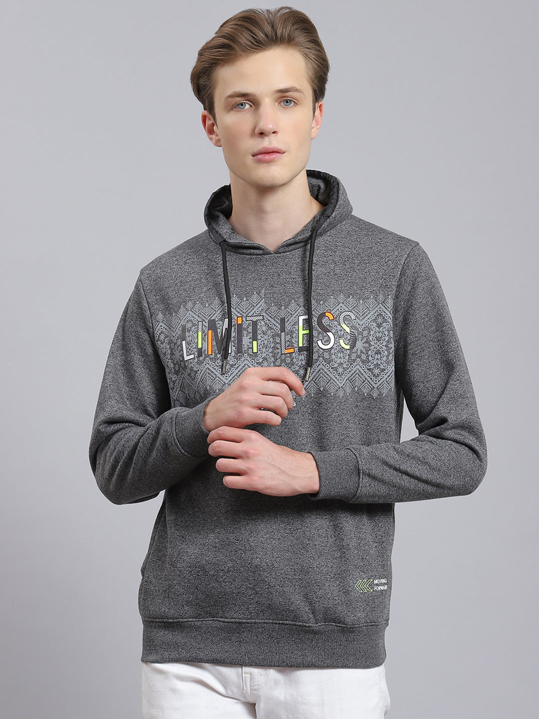 Men Grey Printed Mock Collar Full Sleeve Sweatshirt