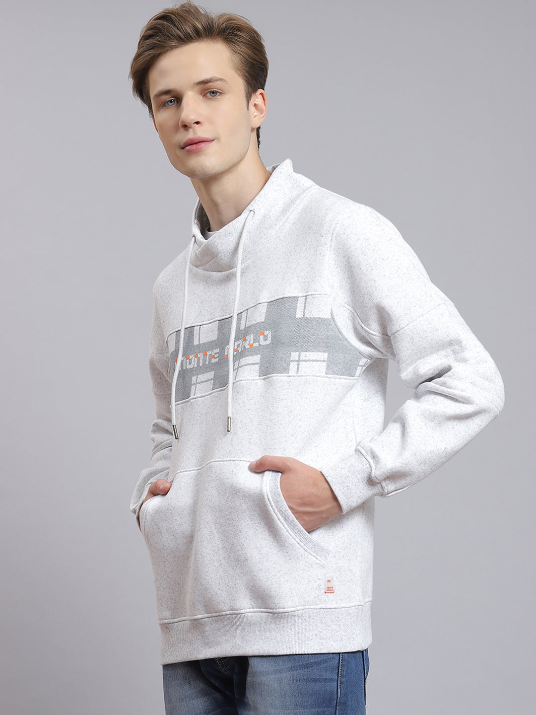 Men Grey Printed Mock Collar Full Sleeve Sweatshirt