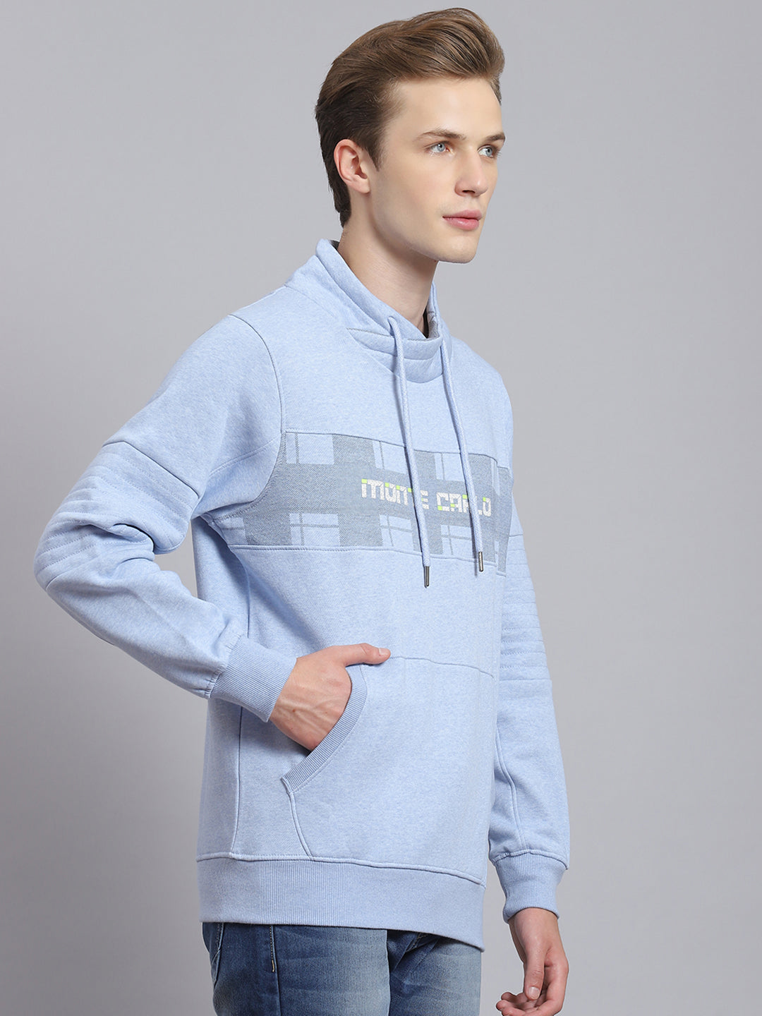 Men Blue Printed Mock Collar Full Sleeve Sweatshirt