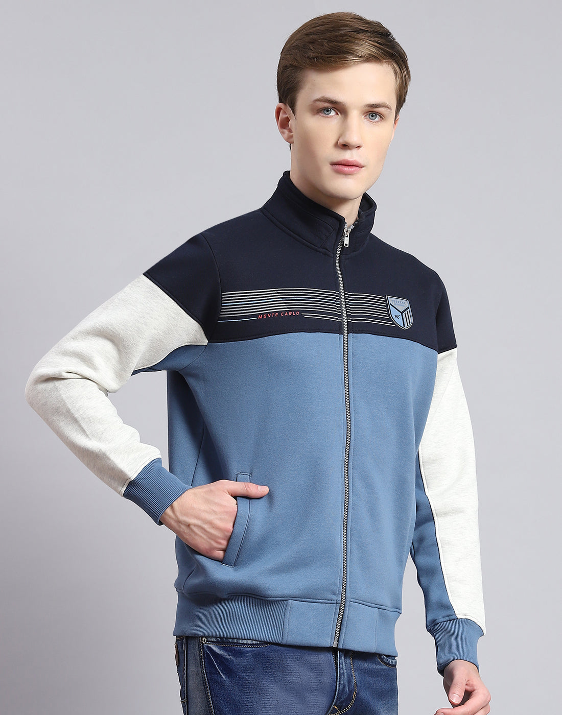 Men Blue Solid Stand Collar Full Sleeve Sweatshirt