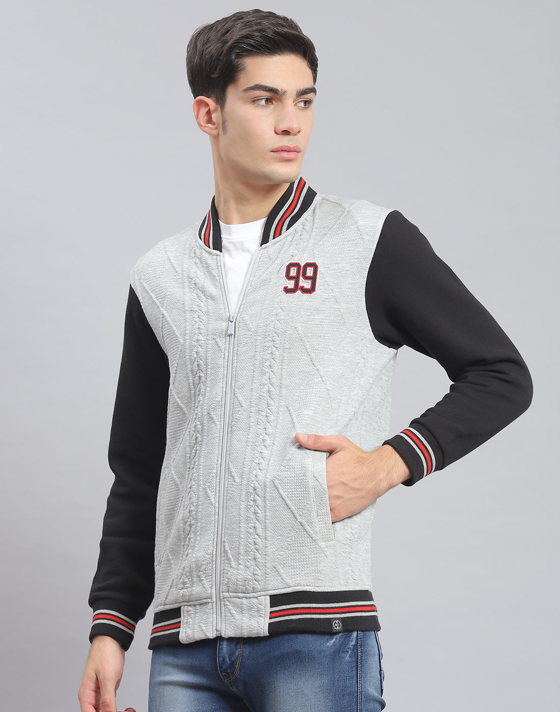 Men Grey Solid Mandarin Collar Full Sleeve Sweatshirt