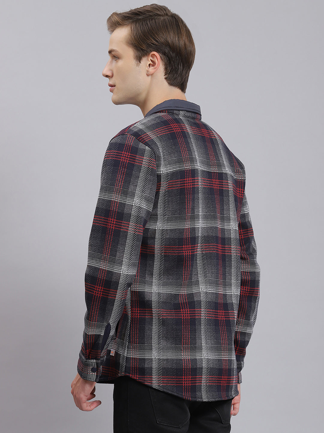 Men Navy Blue Check Collar Full Sleeve Sweatshirt
