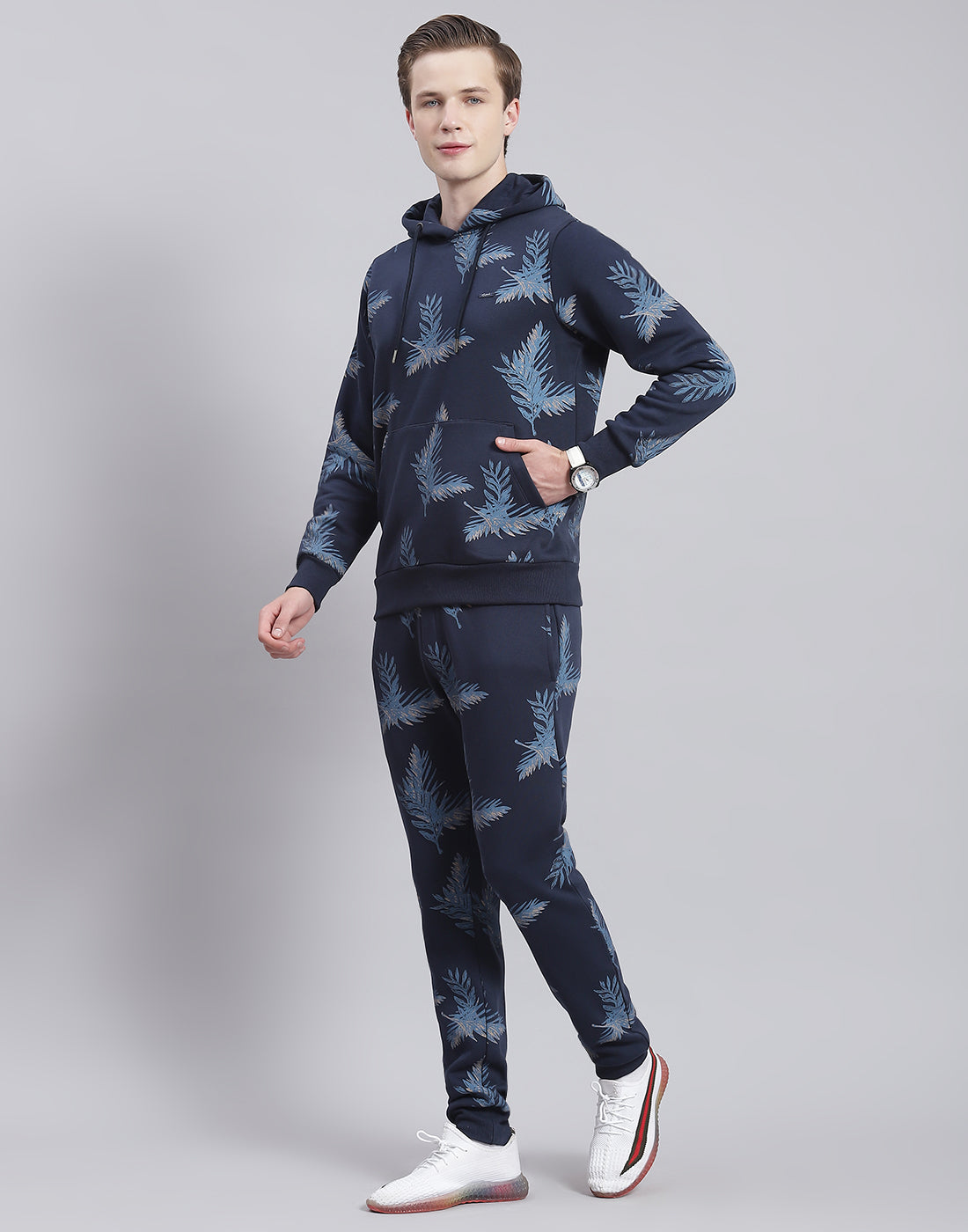 Men Navy Blue Printed Hooded Full Sleeve Tracksuit