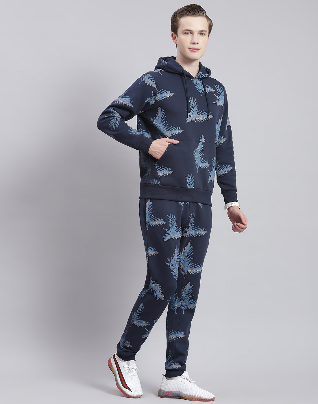 Men Navy Blue Printed Hooded Full Sleeve Tracksuit