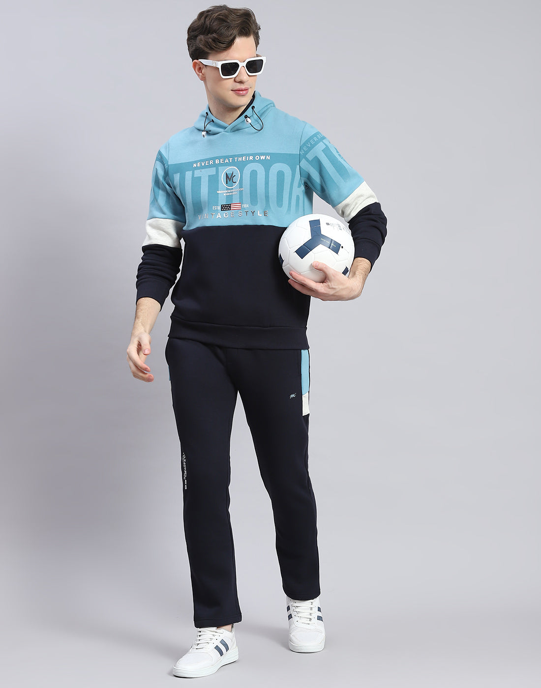 Men Navy Blue Solid Hooded Full Sleeve Tracksuit