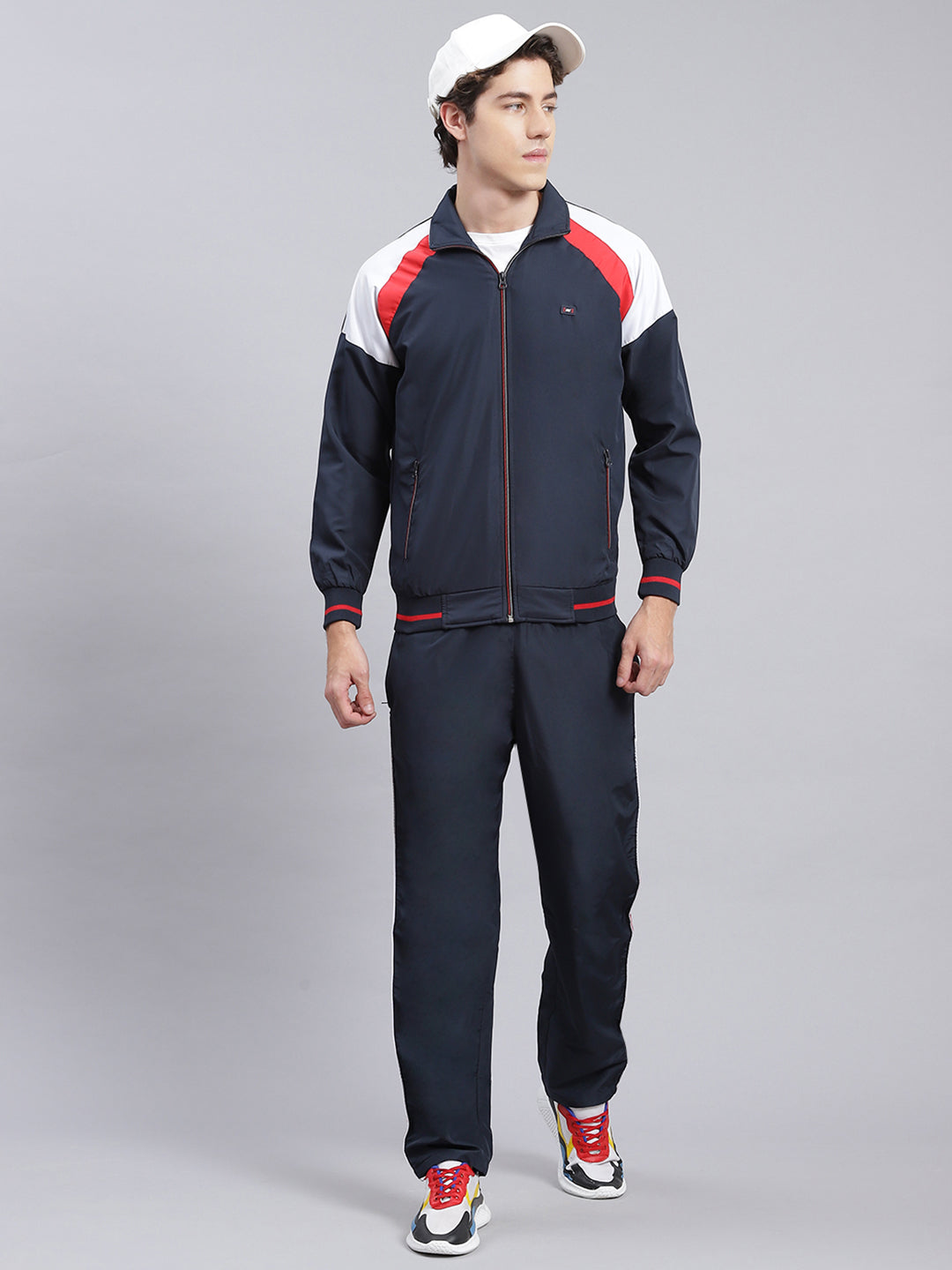 Men Navy Blue Solid Cotton Blend Track Suit