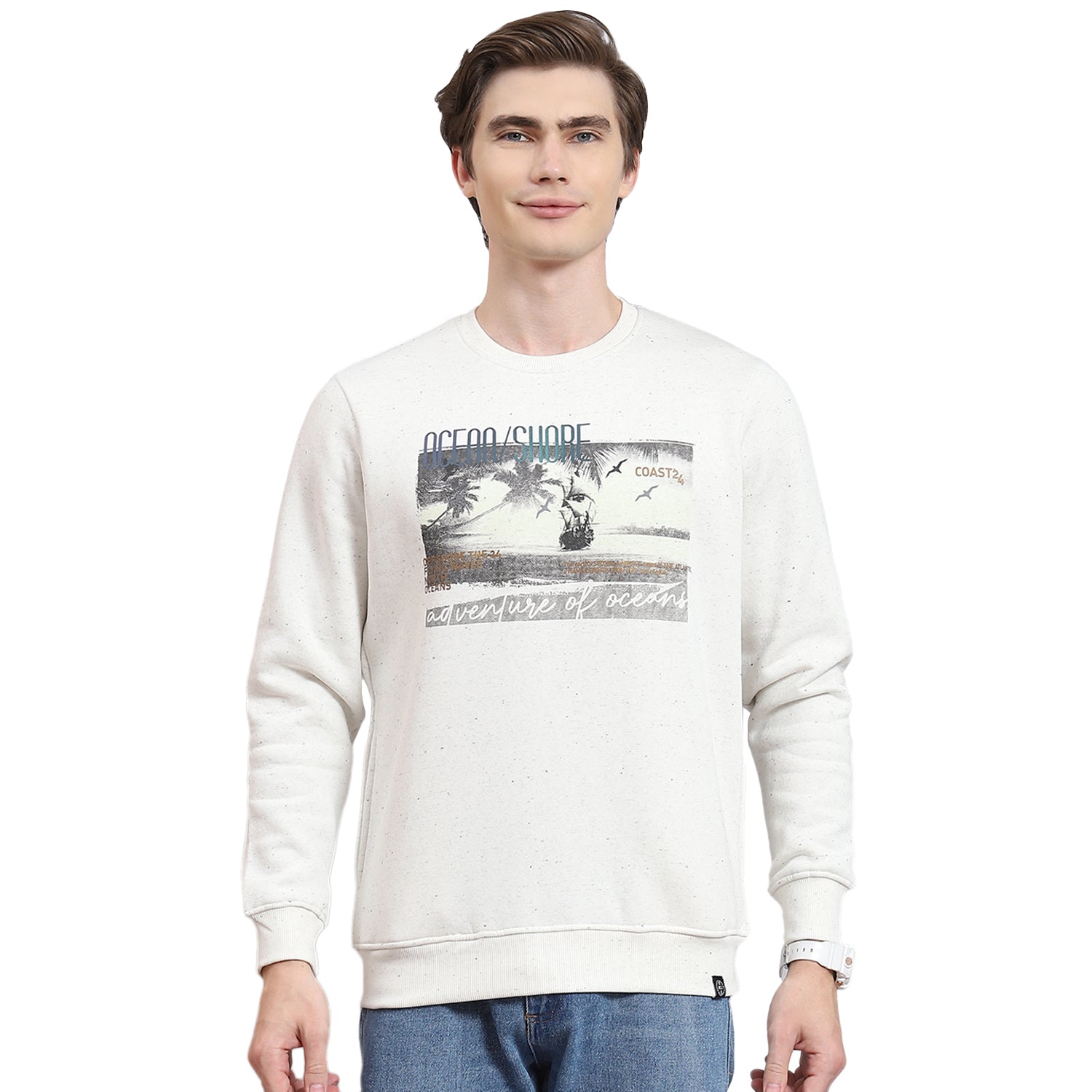Men Off White Solid Round Neck Full Sleeve Sweatshirt