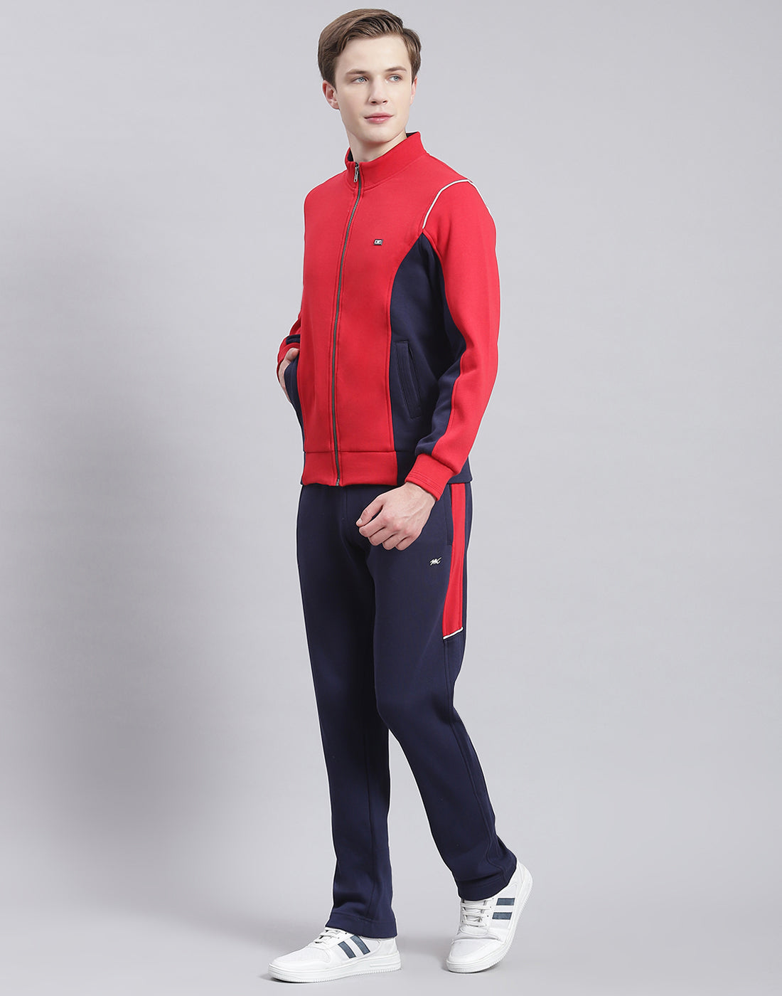 Men Red Solid Stand Collar Full Sleeve Tracksuit