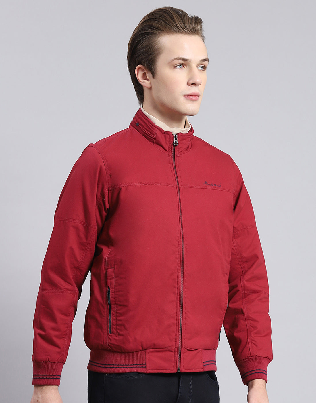 Men Maroon Solid Stand Collar Full Sleeve Jacket