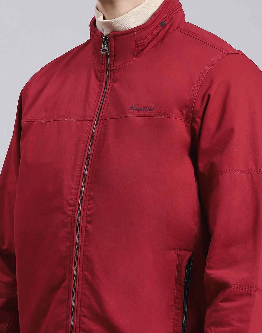 Men Maroon Solid Stand Collar Full Sleeve Jacket