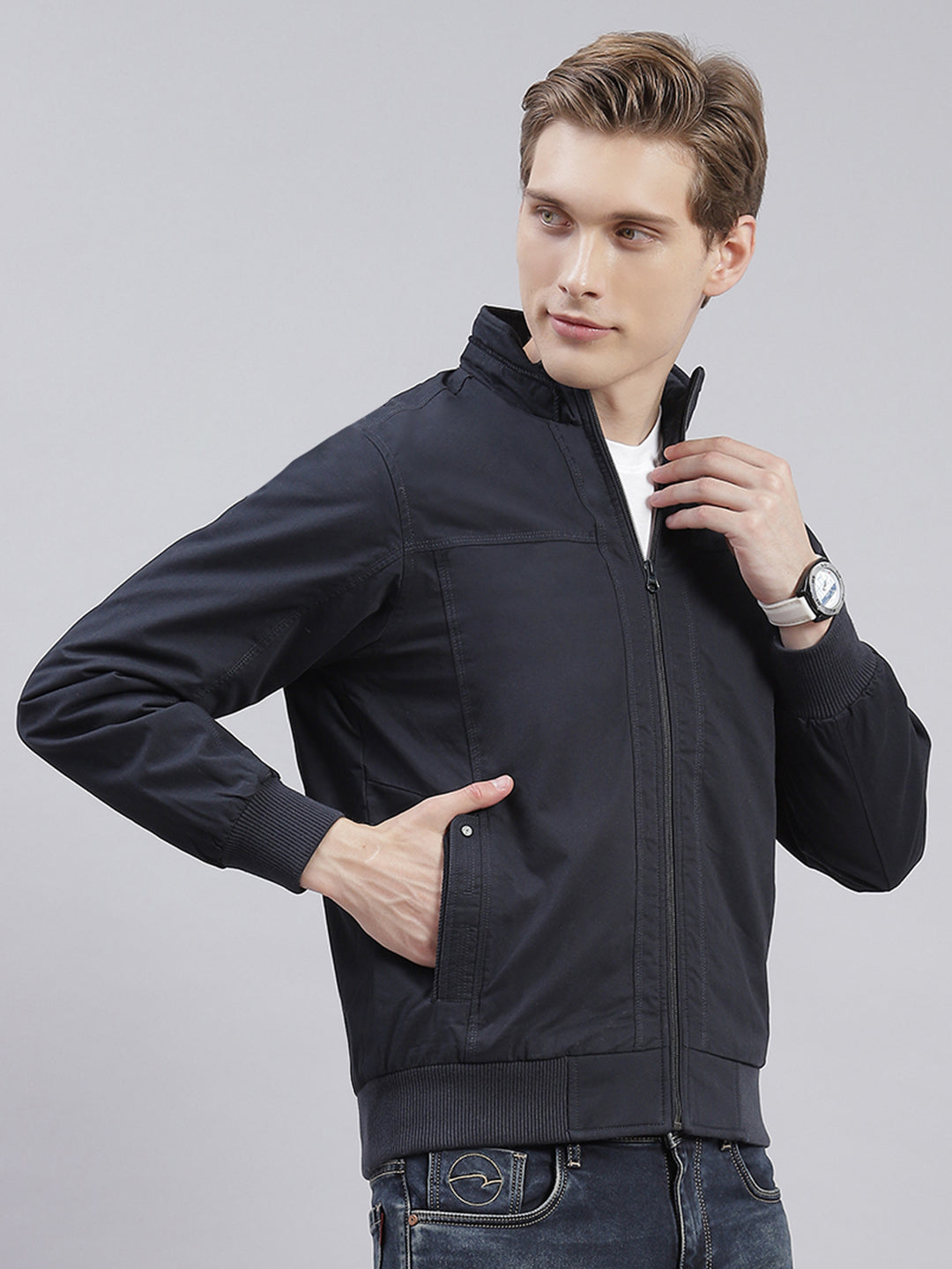 Men Navy Blue Solid Stand Collar Full Sleeve Jackets