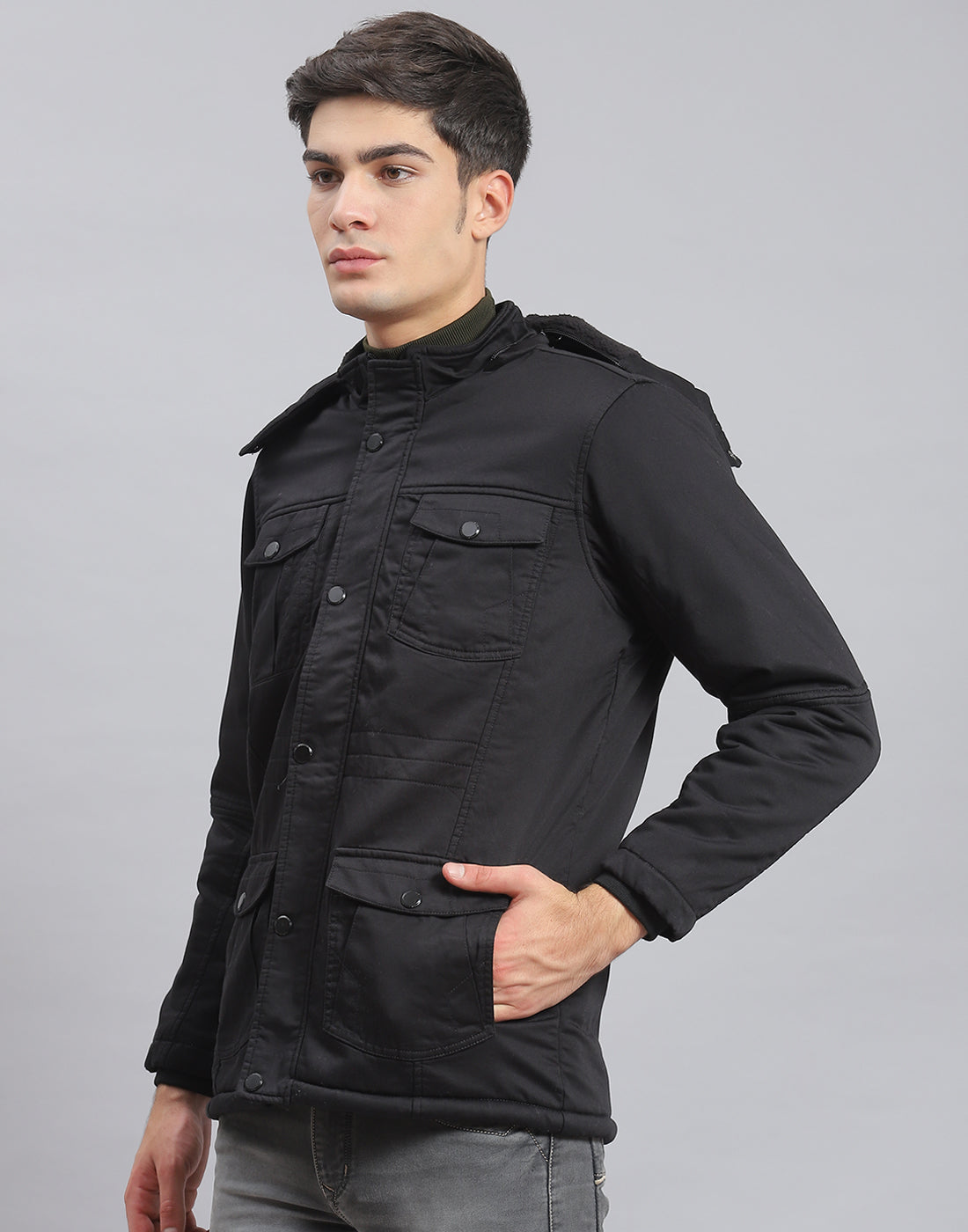 Men Black Solid Hooded Full Sleeve Jacket