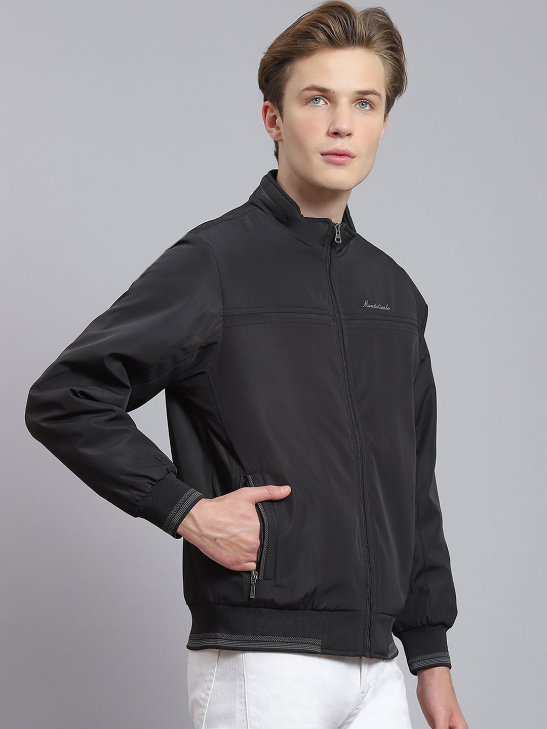 Men Black Solid Stand Collar Full Sleeve Jacket