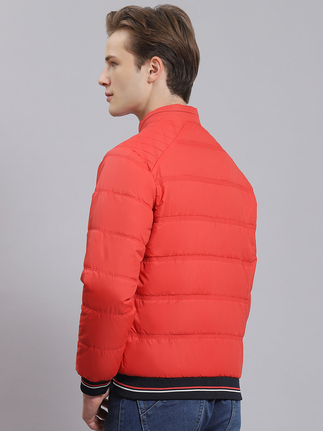 Men Red Solid Stand Collar Full Sleeve Jacket