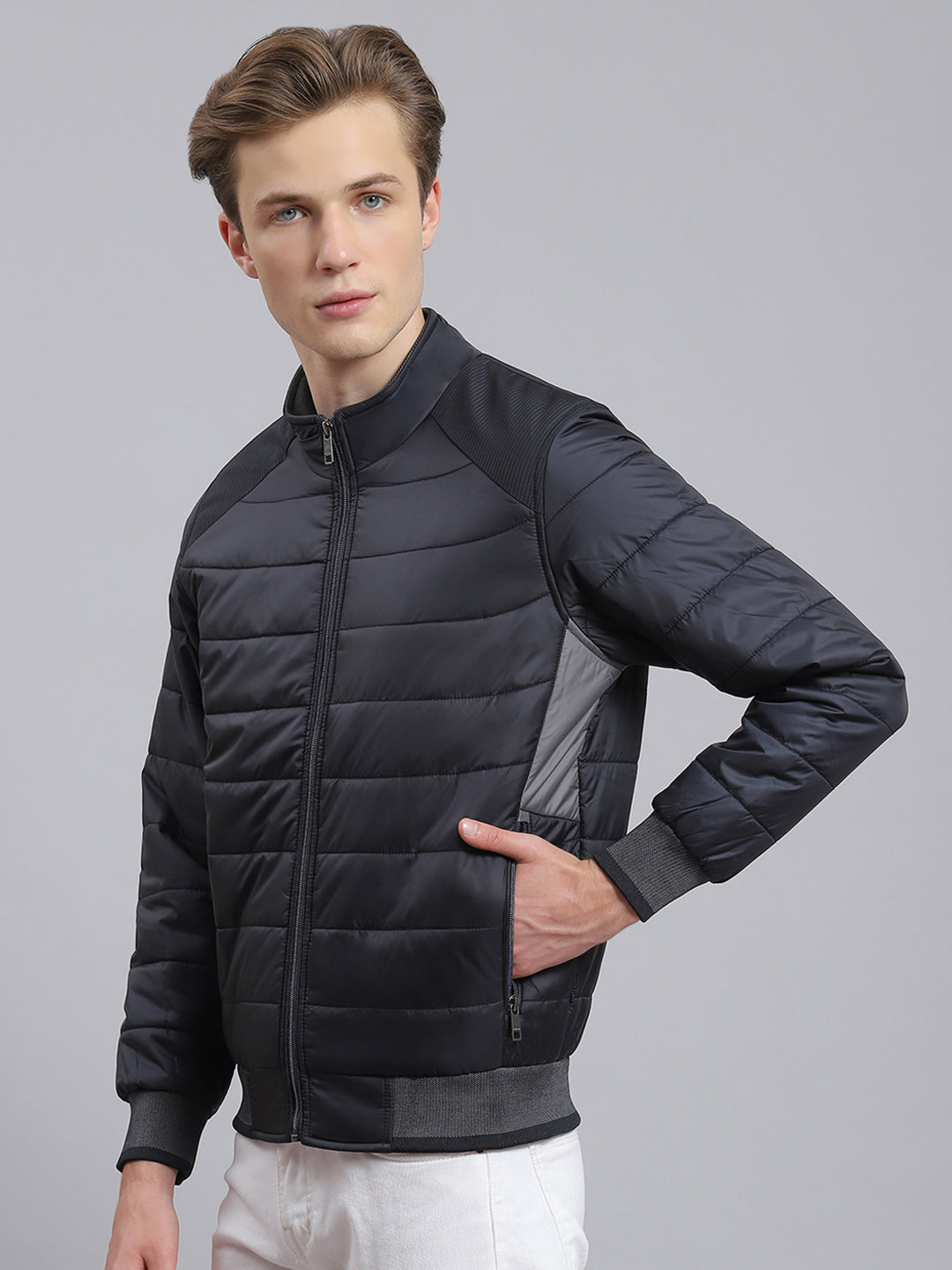 Men Navy Blue Solid Stand Collar Full Sleeve Jacket