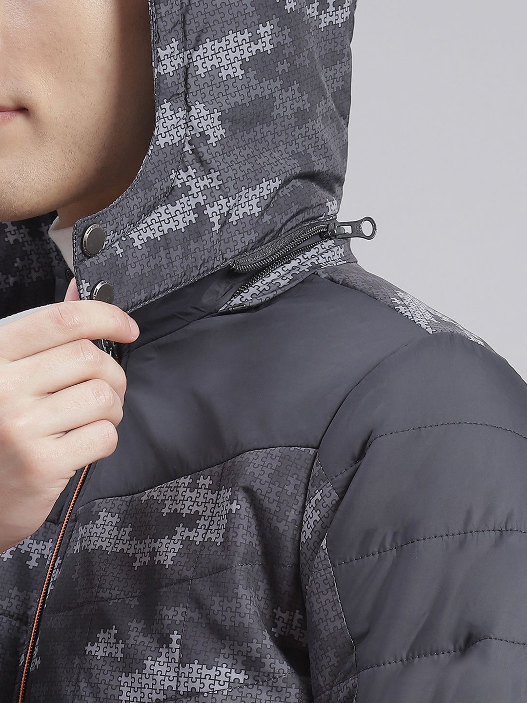 Men Grey Printed Hooded Full Sleeve Jackets