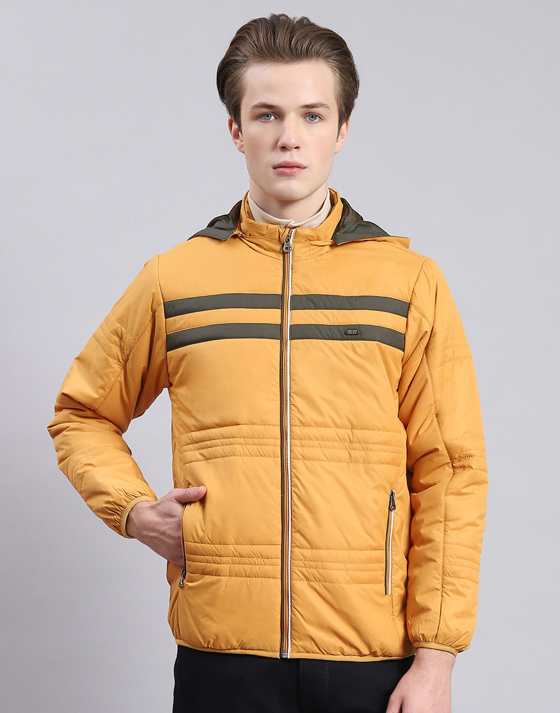 Men Mustard Solid Hooded Full Sleeve Jacket