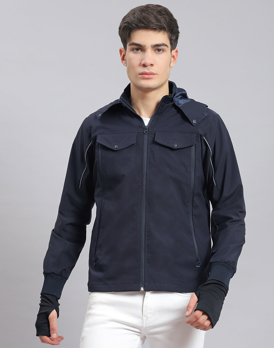 Men Navy Blue Solid Hooded Full Sleeve Jacket