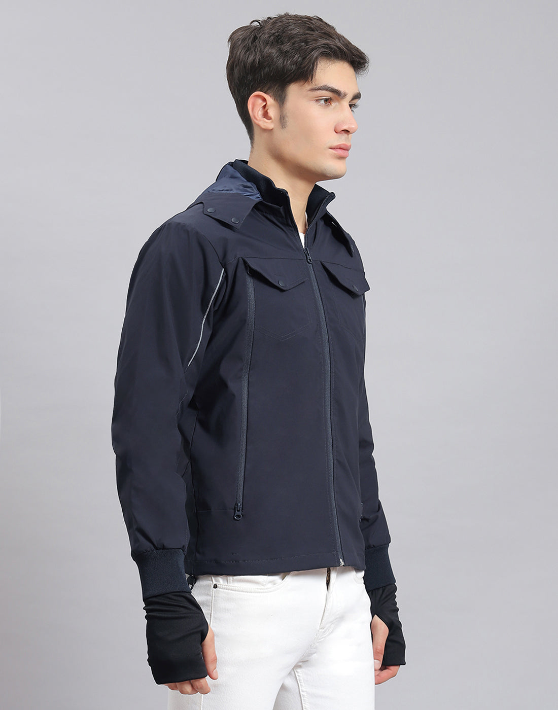 Men Navy Blue Solid Hooded Full Sleeve Jacket