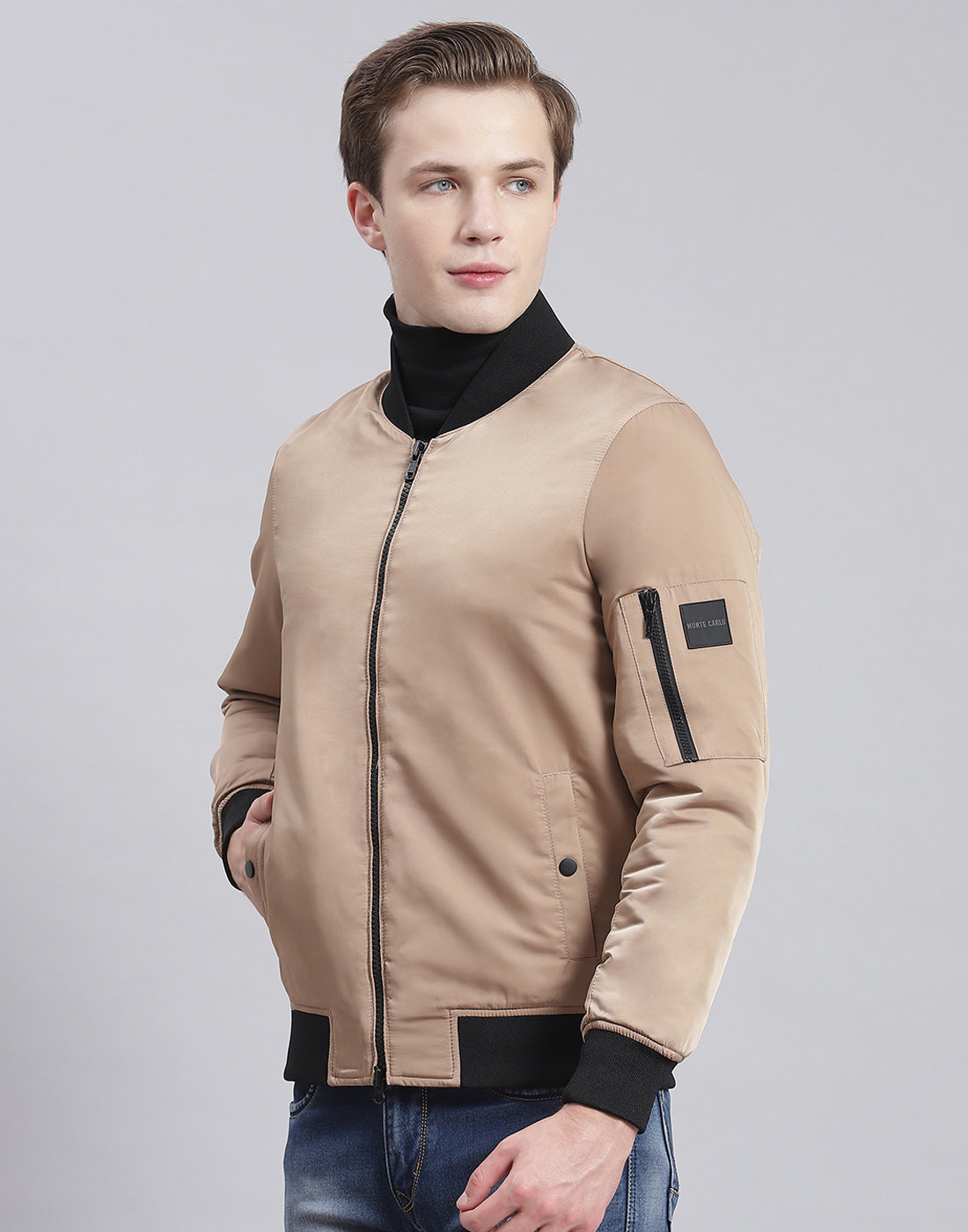 Men Beige Solid Stand Collar Full Sleeve Jacket