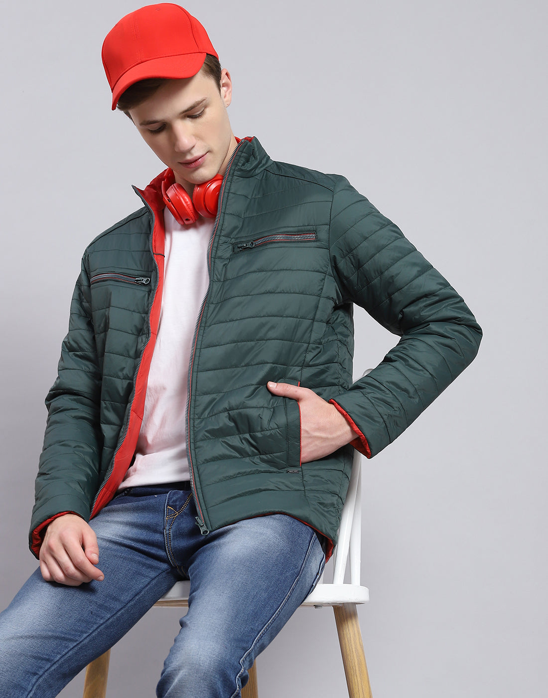 Men Olive Solid Stand Collar Full Sleeve Jacket