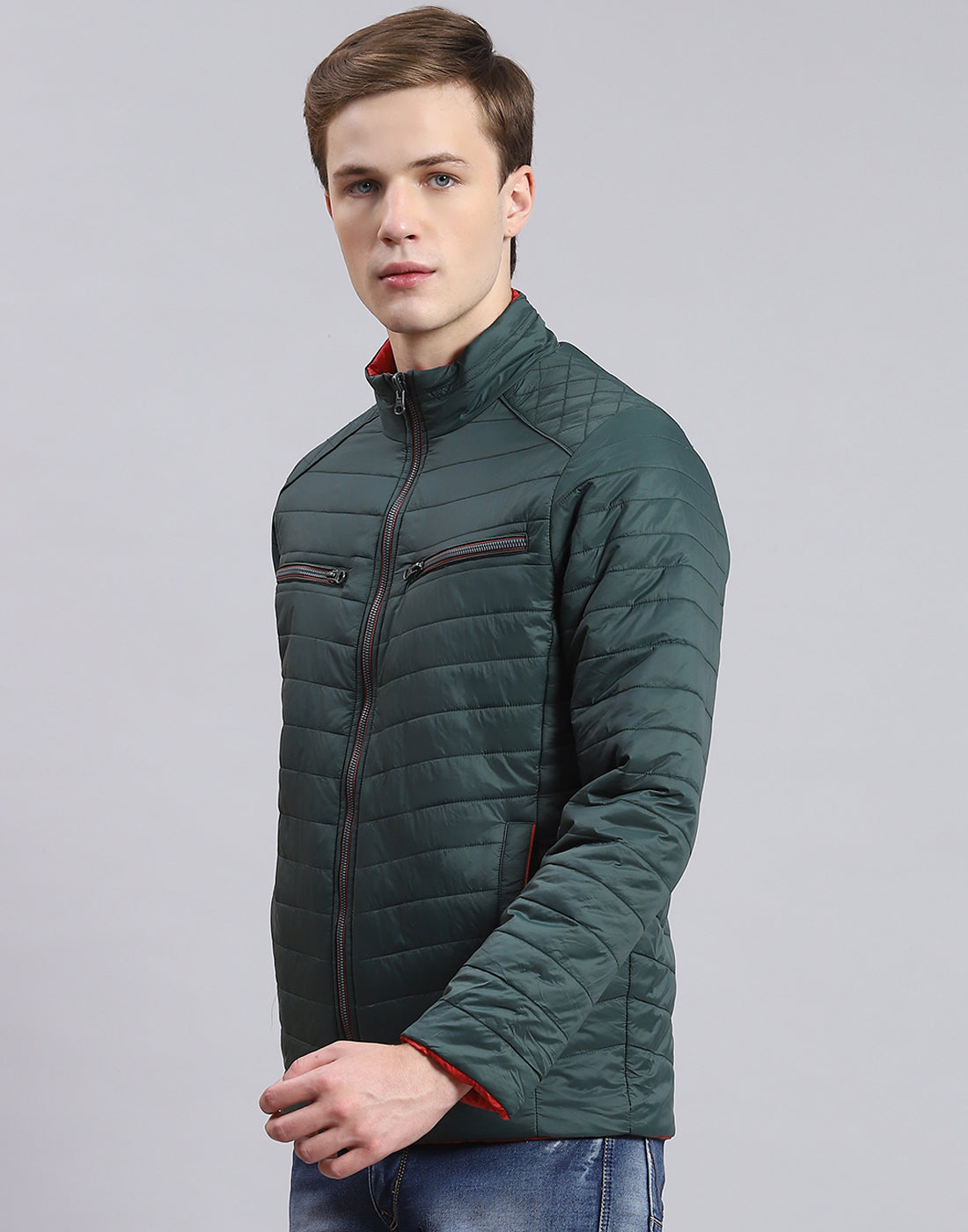 Men Olive Solid Stand Collar Full Sleeve Jacket