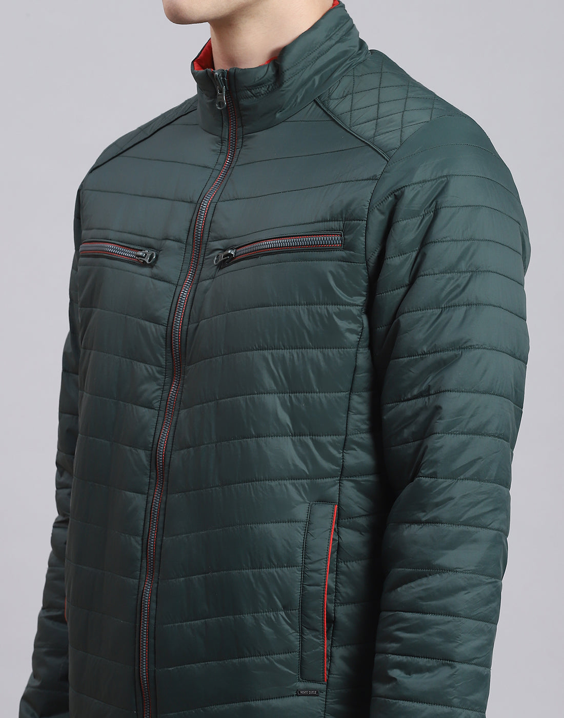 Men Olive Solid Stand Collar Full Sleeve Jacket