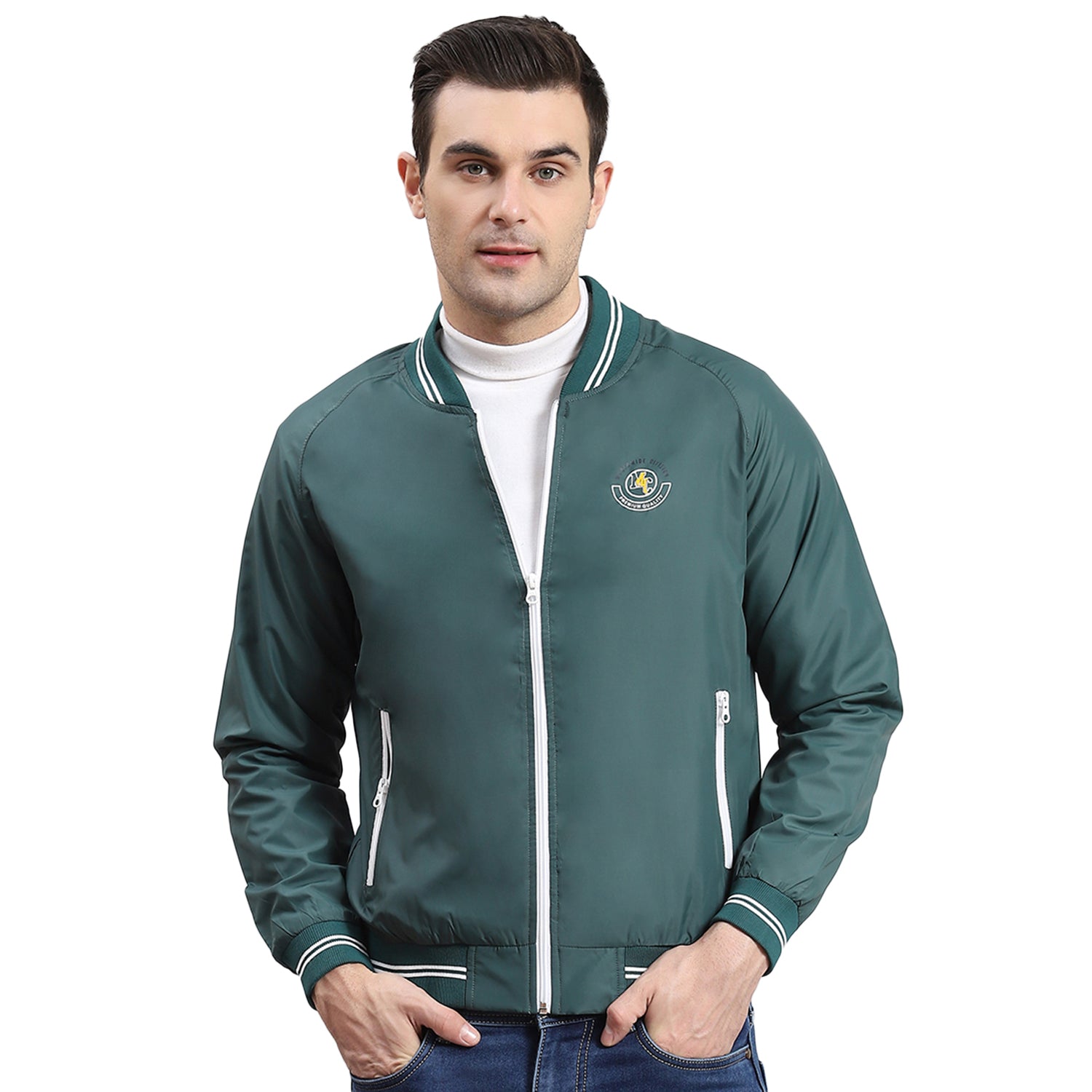 Men Teal Blue Solid Mandarin Collar Full Sleeve Jacket