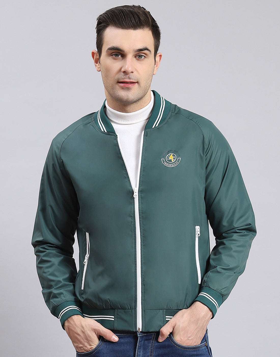 Men Teal Blue Solid Mandarin Collar Full Sleeve Jacket