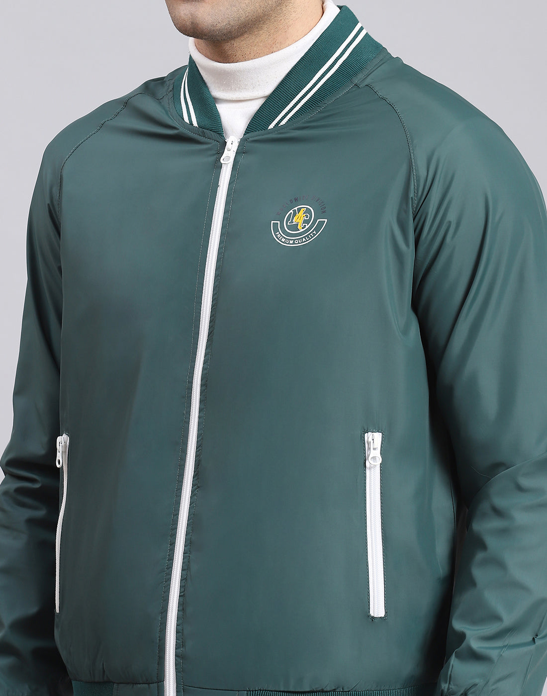 Men Teal Blue Solid Mandarin Collar Full Sleeve Jacket