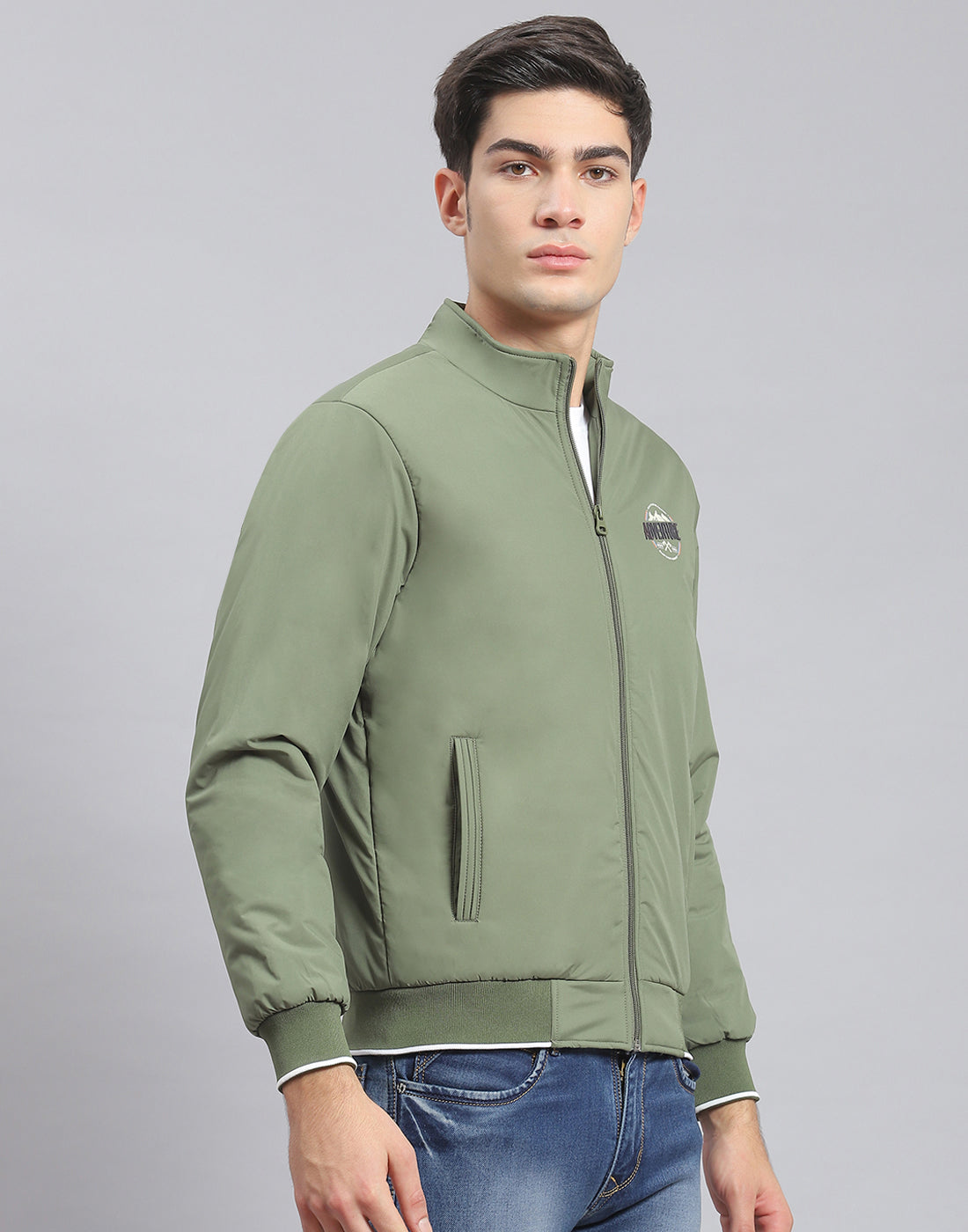 Men Green Solid Stand Collar Full Sleeve Jacket