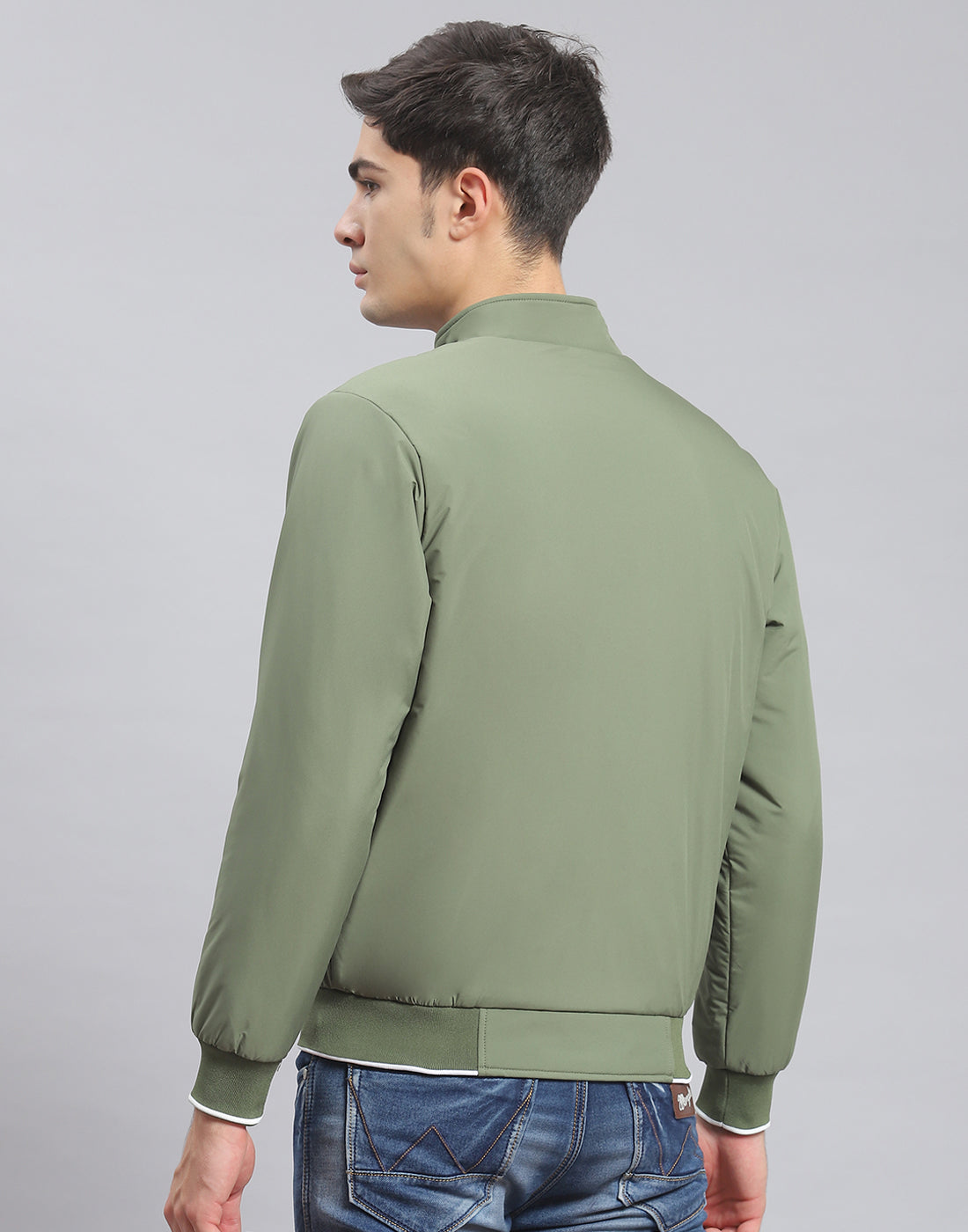 Men Green Solid Stand Collar Full Sleeve Jacket