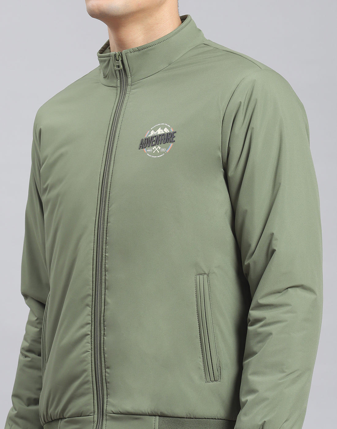 Men Green Solid Stand Collar Full Sleeve Jacket