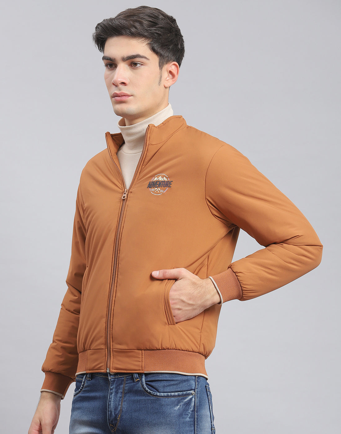 Men Brown Solid Stand Collar Full Sleeve Jacket