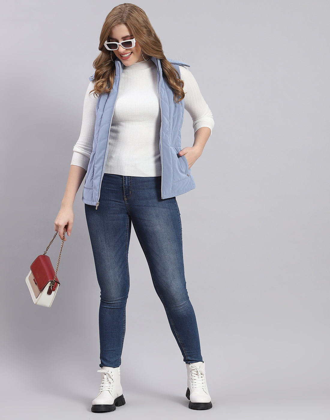 Women Blue Solid Hooded Sleeveless Jacket