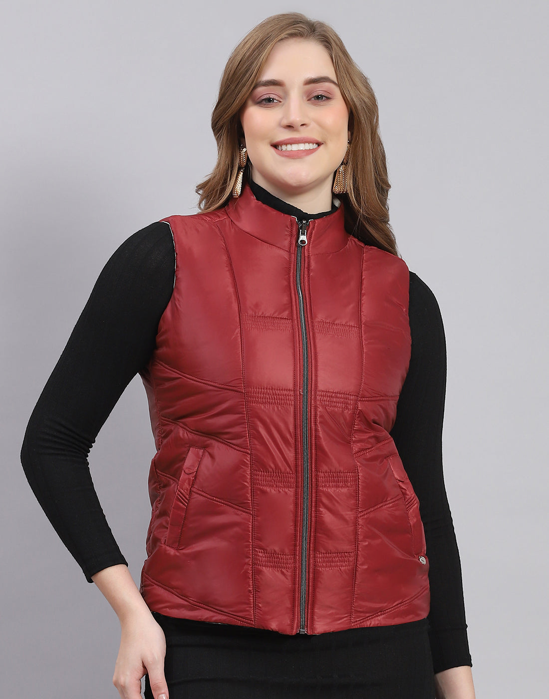 Women Maroon Solid Stand Collar Sleeveless Jacket