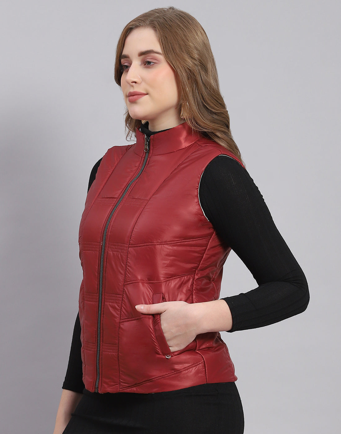 Women Maroon Solid Stand Collar Sleeveless Jacket