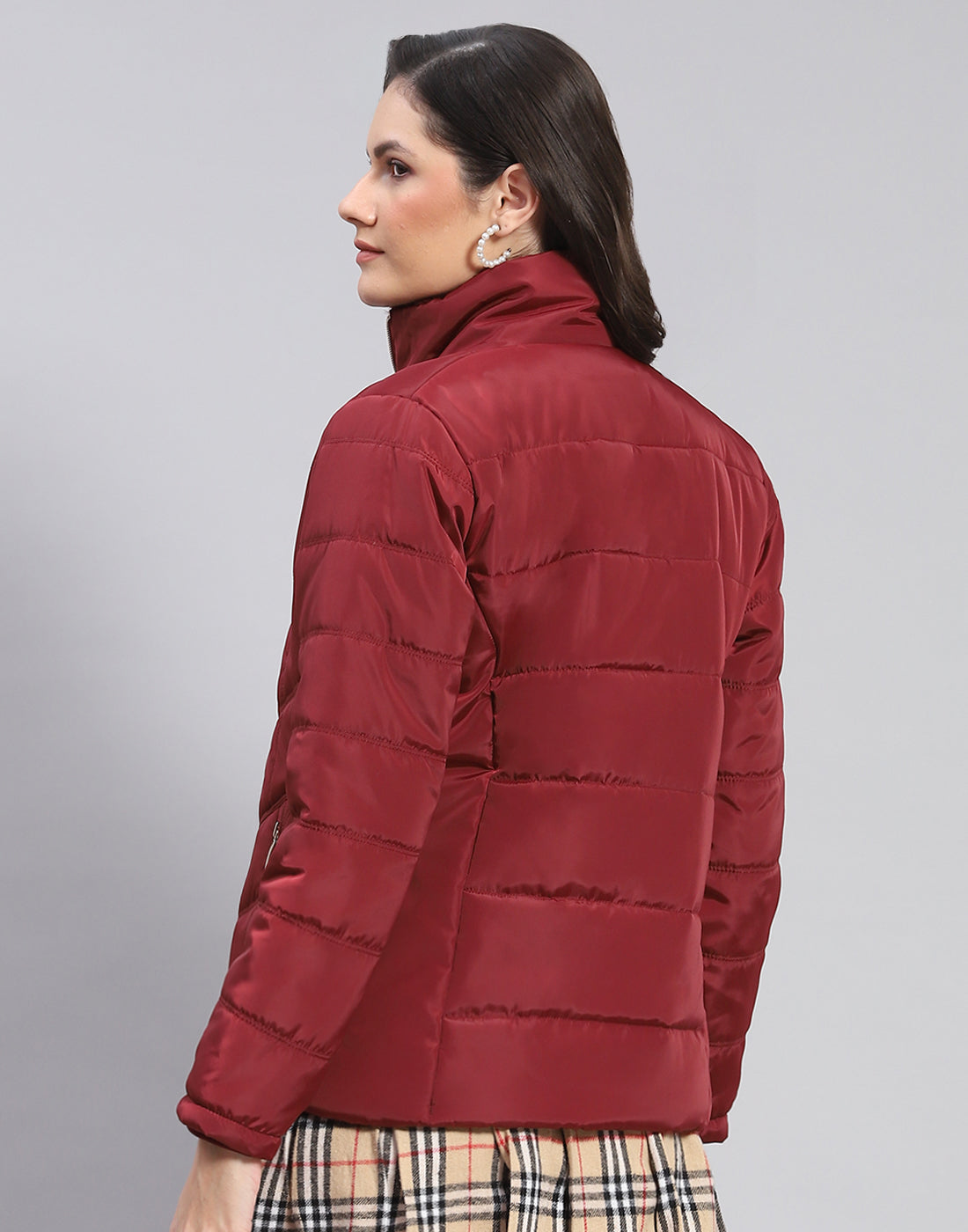 Women Maroon Solid Stand Collar Full Sleeve Jacket