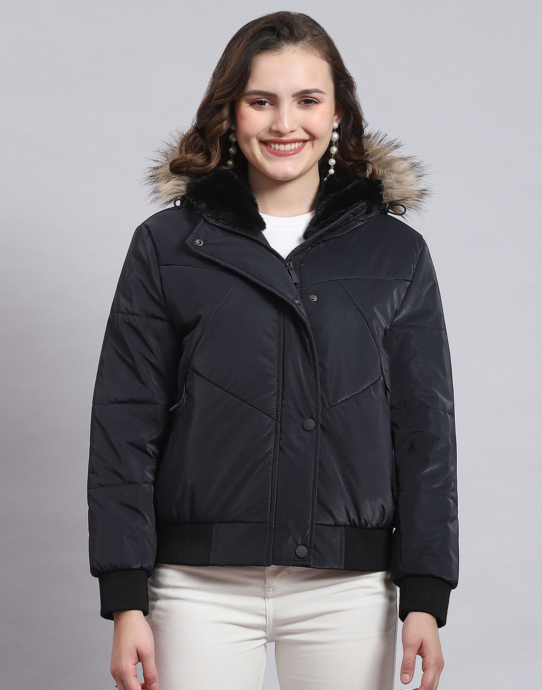 Women Navy Blue Solid Hooded Full Sleeve Jacket